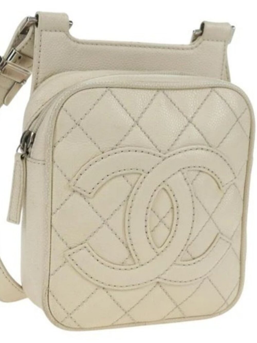 CHANEL Matelasse Shoulder Bag Grained Calf Skin Ivory Gold CC Auth BA12379V